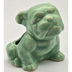Vintage Ceramic Bulldog Figurine Green Glazed Mid Century Pottery Dog Planter